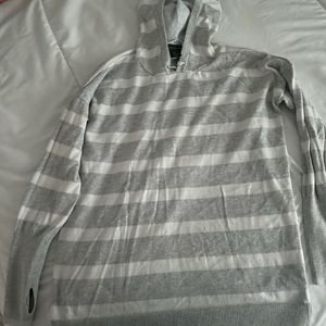 Grey and white striped sweater with hoodie